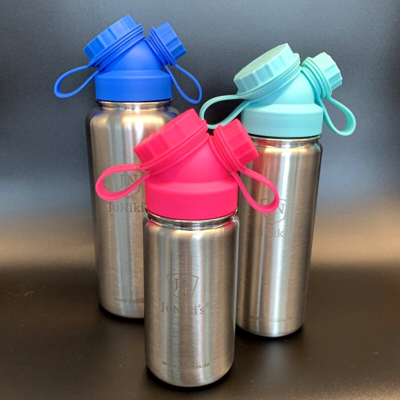 3er Set JuNiki´s®  eco line isolierte Edelstahl Trinkflasche 3 Größen mit farbigen Deckeln Blau, Türkis, Pink