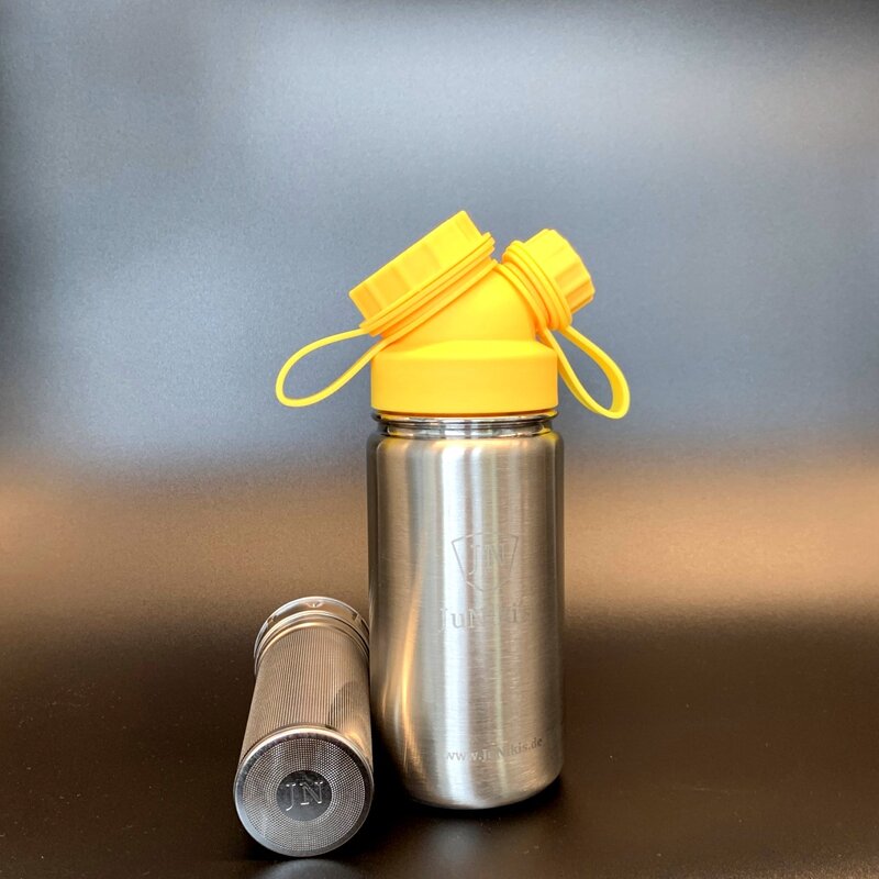 JuNiki´s® eco line isolierte Edelstahl Trinkflasche 420ml - mit Teefilter Yellow