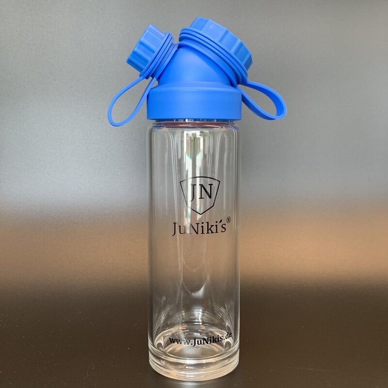 JuNiki´s® Trinkflasche aus Glas - handmade - praktische Weithals-Glasflasche mit Trinköffnung - in Blau