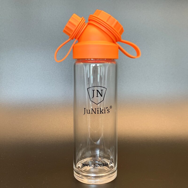 JuNiki´s® Trinkflasche aus Glas - handmade - praktische Weithals-Glasflasche mit Trinköffnung - in Orange