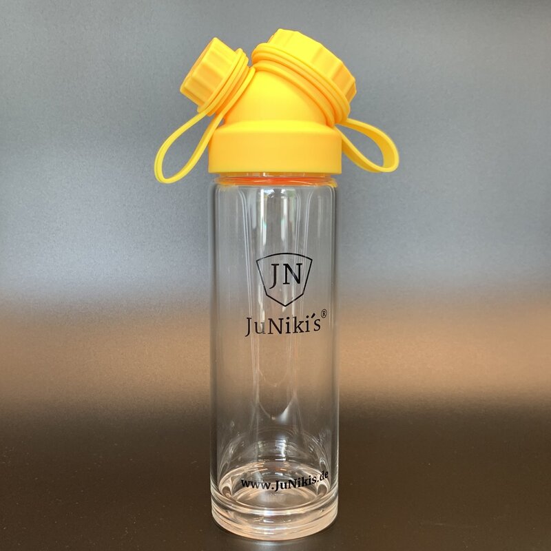 German engineered JuNikis Borosilicate Glass Flask 18oz + colored cap Yellow