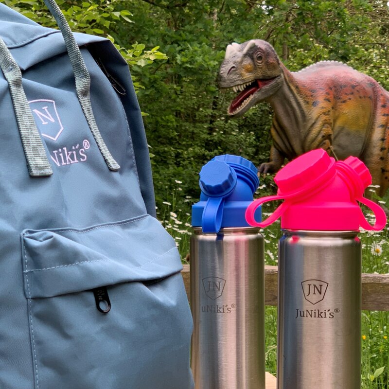 Set: JuNikis Rucksack Dunkeltrkis + 2x 550ml Edelstahl Trinkflasche isoliert Pink/Blau