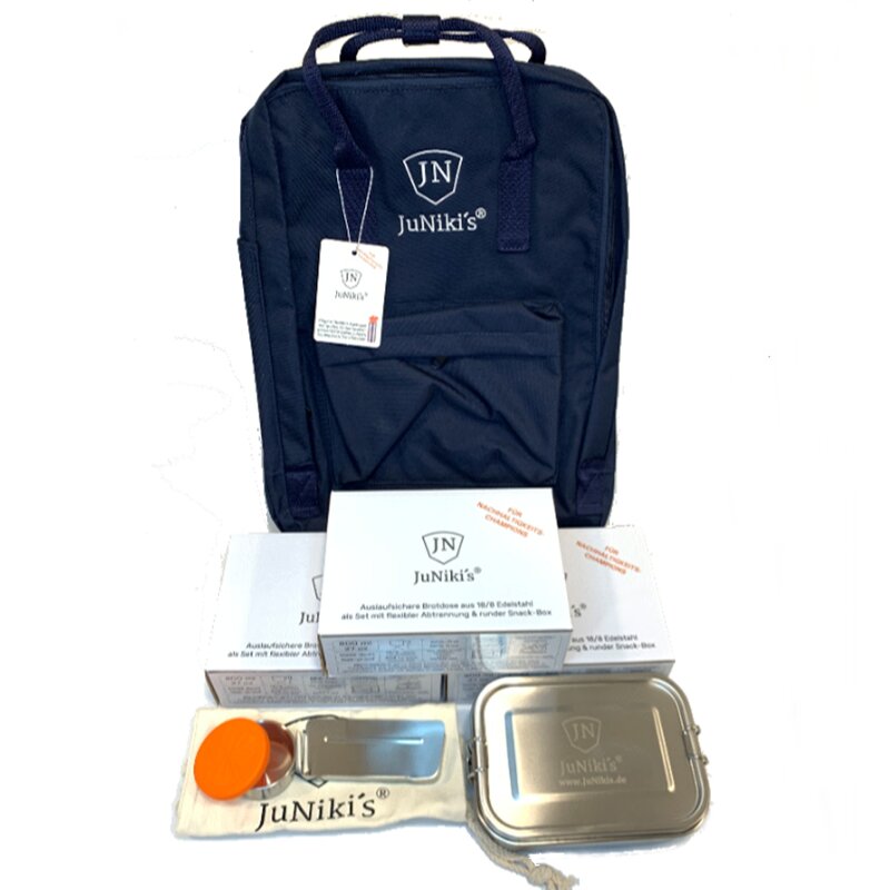 Kopie von 4 JuNikis eco line Edelstahl Lunchbox Sets + 1 JuNikis Rucksack Marineblau