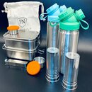 2er-Edelstahl-Spar-Set: Je 2 x JuNiki´s® Lunchbox + Trinkflasche isoliert 550ml + Teefilter Grün+Blau