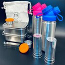 2er-Edelstahl-Spar-Set: Je 2 x JuNikis Lunchbox + Trinkflasche isoliert 550ml + Teefilter Pink+Blau