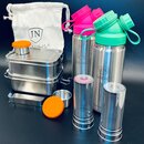 2er-Edelstahl-Spar-Set: Je 2 x JuNikis Lunchbox + Trinkflasche isoliert 550ml + Teefilter Pink+Blau