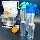 2er-Edelstahl-Spar-Set: Je 2 x JuNikis Lunchbox + Trinkflasche isoliert 550ml + Teefilter Pink+Blau