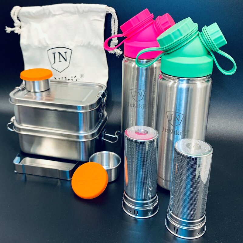 2er-Edelstahl-Spar-Set: Je 2 x JuNikis Lunchbox + Trinkflasche isoliert 550ml + Teefilter Pink+Grn