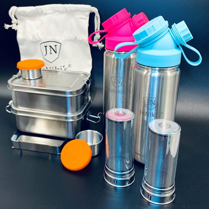 2er-Edelstahl-Spar-Set: Je 2 x JuNikis Lunchbox + Trinkflasche isoliert 550ml + Teefilter Pink+Trkis