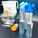 2er-Edelstahl-Spar-Set: Je 2 x JuNiki´s® Lunchbox + Trinkflasche isoliert 550ml + Teefilter Türkis+Blau