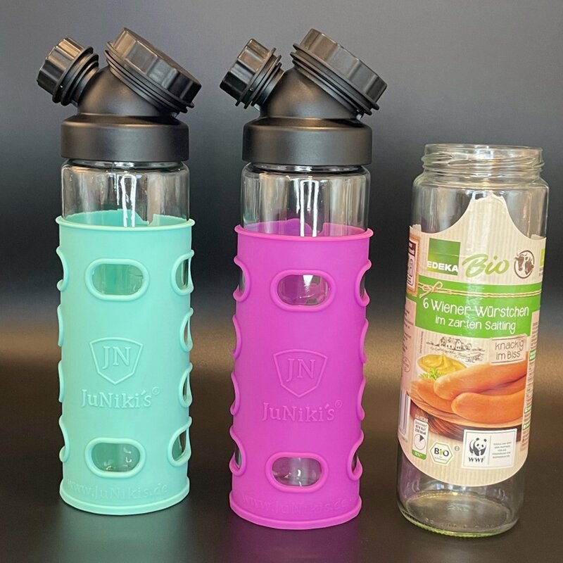 Set: 2 x JuNikis Wrstchen cap + silicone sleeves in pink and turquoise