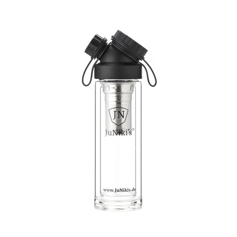 JuNikis doppelwandige Trinkflasche aus Borosilikatglas 320ml/11oz mit 2-teiligem Teesieb - umweltbewusst, BPA-frei