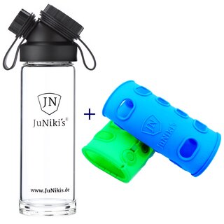 SET SINGLE WALL  GLASS FLASK + 2 SILICONE SLEEVES BLUE/GREEN
