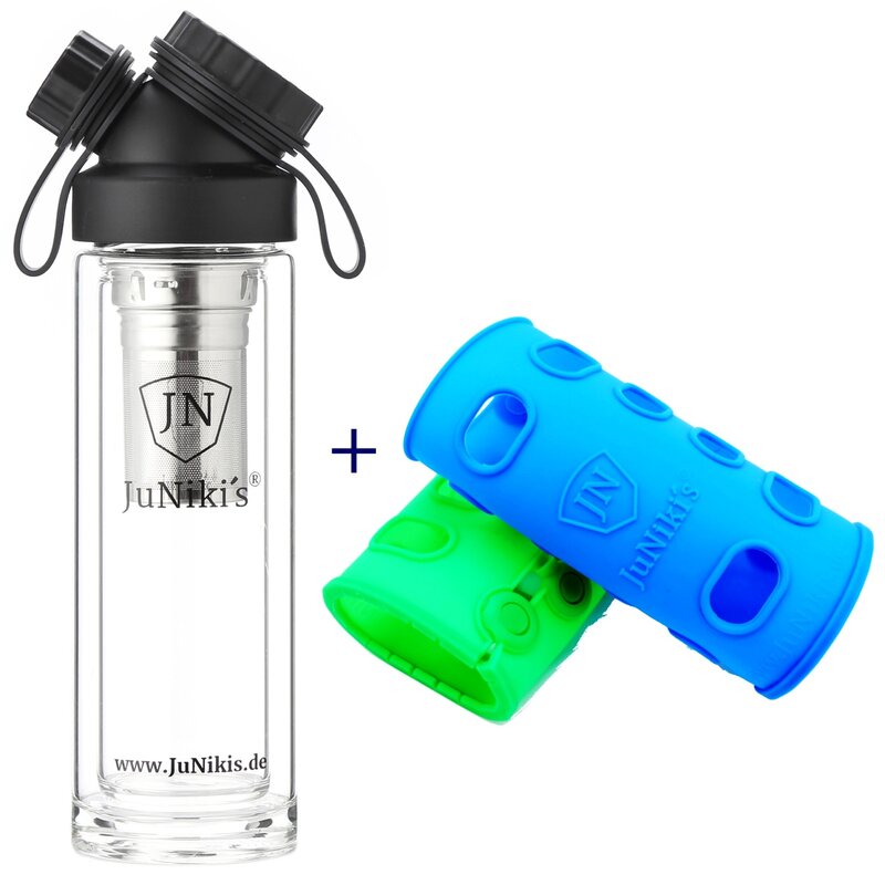 Set: JuNiki´s Glasflasche doppelwandig mit Teefilter  320ml/11oz + 2 Silikonhüllen blau/grün