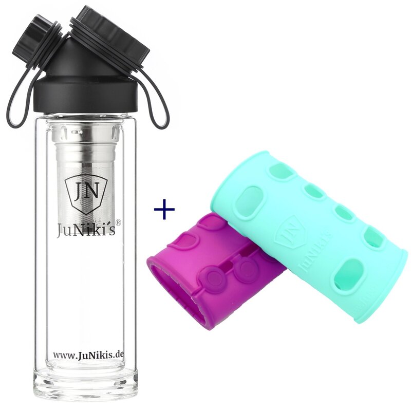 Set: JuNiki´s Glasflasche doppelwandig mit Teefilter  320ml/11oz + 2 Silikonhüllen lila/türkis