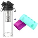 SET DOUBLE WALL  GLASS FLASK + TEA INFUSER + 2 SILICONE SLEEVES PURPLE/TURQUOISE