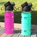 SET DOUBLE WALL  GLASS FLASK + TEA INFUSER + 2 SILICONE SLEEVES PURPLE/TURQUOISE