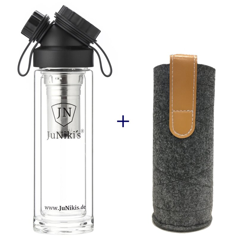 SET DOUBLE WALL GLASS FLASK + TEA INFUSER + FELT SLEEVE GREY