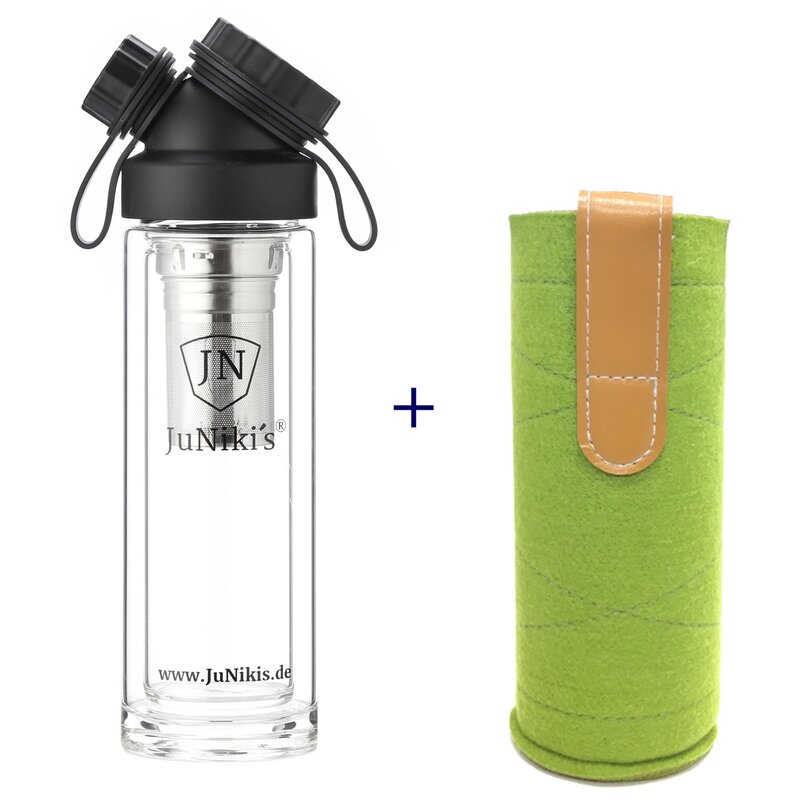Set: JuNiki´s Glasflasche doppelwandig mit Teefilter  320ml/11oz + Wollfilzhülle grün