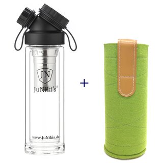 SET DOUBLE WALL GLASS FLASK + TEA INFUSER + WOOLFELT...